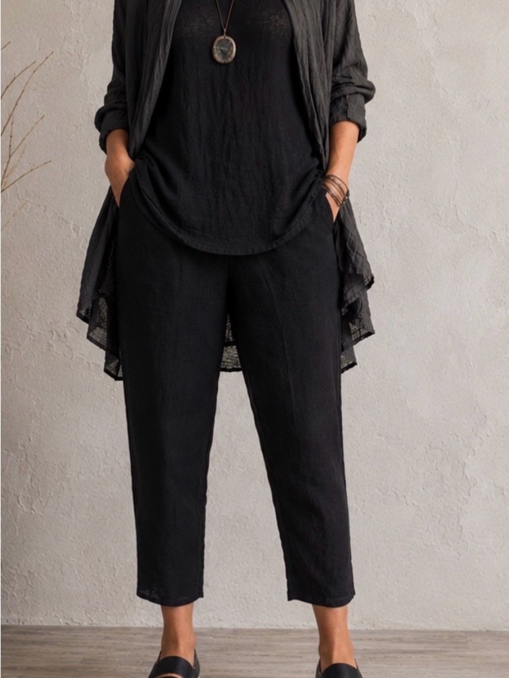 Flax Black Cropped Linen Lagenlook Pull-On Pants Quiet Luxury Slit Ankle Hem, M